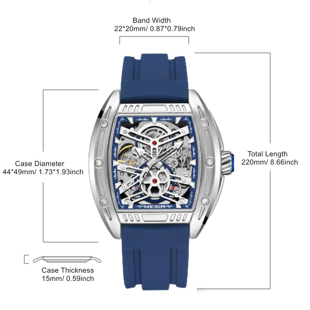 MEGIR 8601 skeleton automatic watch size chart with case and strap measurements, blue model