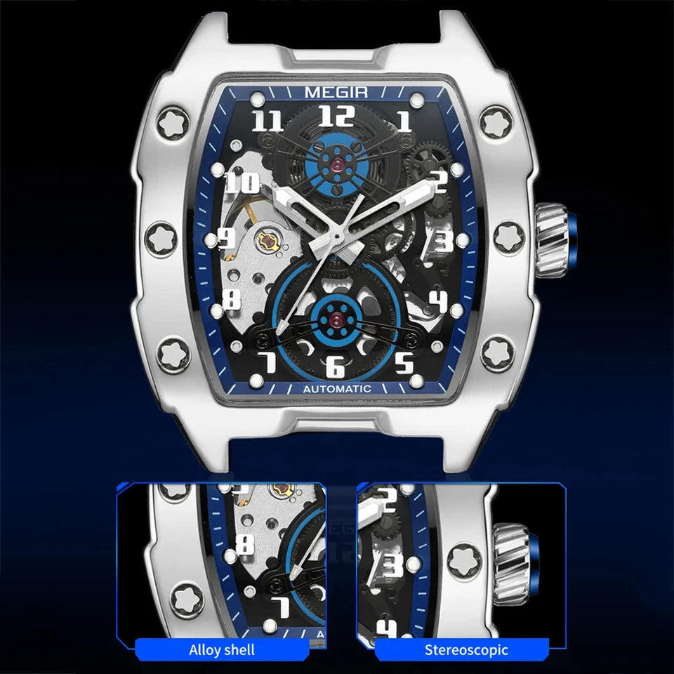 MEGIR 8602 tourbillon feature graphic showing alloy shell and stereoscopic dial design with blue accents