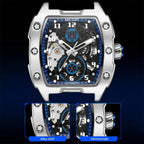 MEGIR 8602 tourbillon feature graphic showing alloy shell and stereoscopic dial design with blue accents