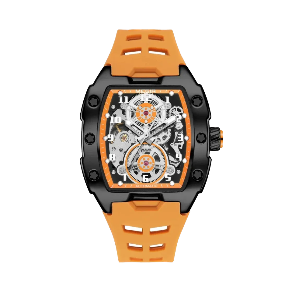 MEGIR 8602 Automatic Tonneau Tourbillon with orange dial, side view