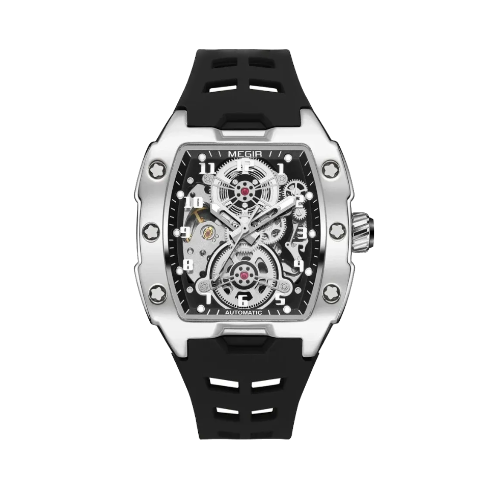 MEGIR 8602 automatic tourbillon tonneau watch with black skeleton dial and black silicone strap front view