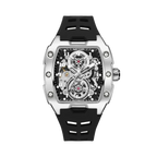 MEGIR 8602 automatic tourbillon tonneau watch with black skeleton dial and black silicone strap front view