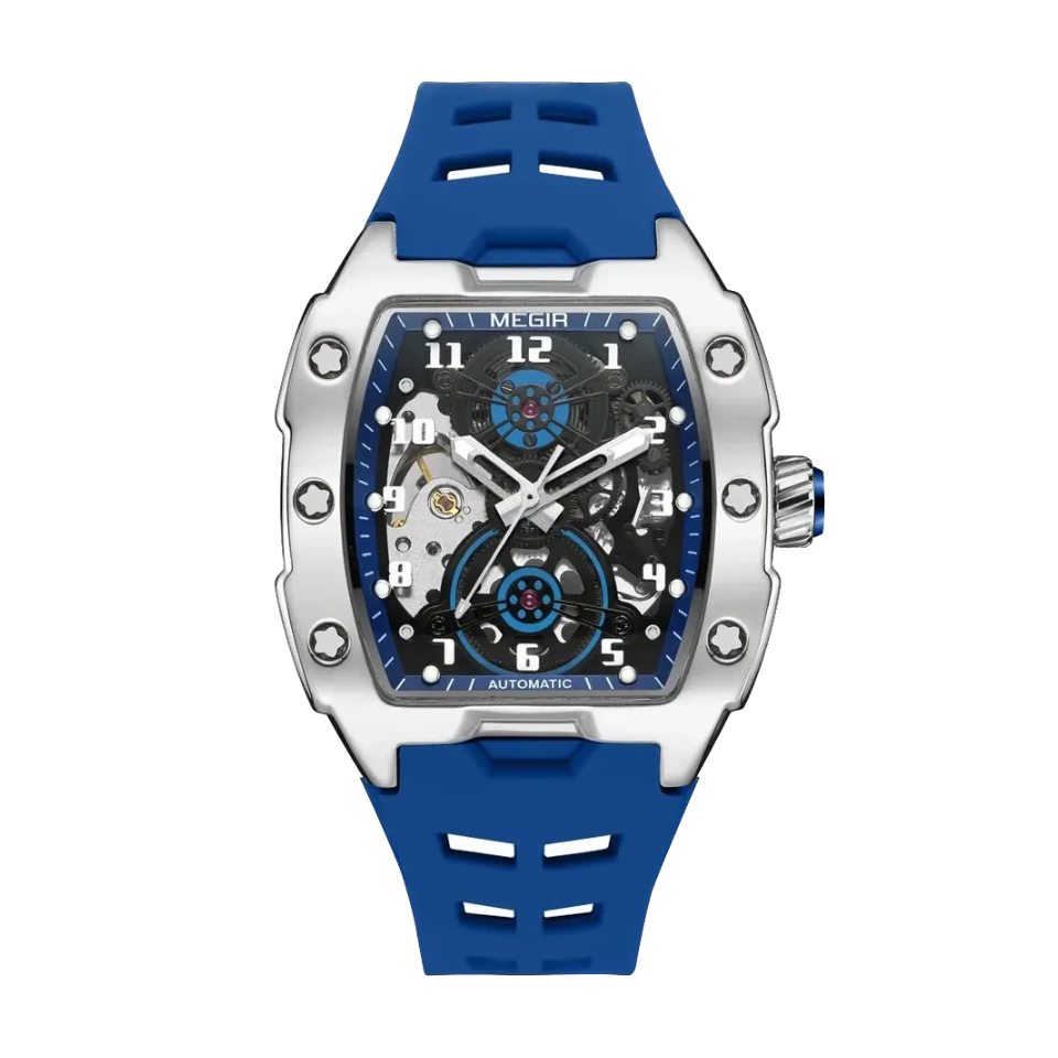 MEGIR 8602 automatic tourbillon tonneau watch with blue accent dial and blue silicone strap front view