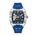 MEGIR 8602 automatic tourbillon tonneau watch with blue accent dial and blue silicone strap front view