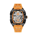 MEGIR 8602 automatic tourbillon tonneau watch with orange accent skeleton dial and orange silicone strap