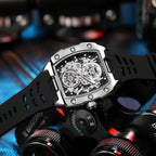 MEGIR 8602 automatic tonneau tourbillon men's watch with skeleton dial and black strap