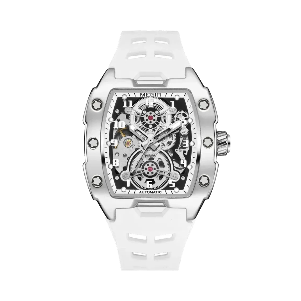 MEGIR 8602 automatic tourbillon tonneau watch with white skeleton dial and white silicone strap front view