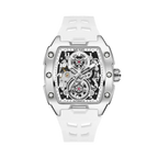 MEGIR 8602 automatic tourbillon tonneau watch with white skeleton dial and white silicone strap front view