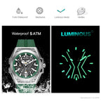 MEGIR 8603 skeleton watch features graphic showing 5 ATM waterproof and luminous hands