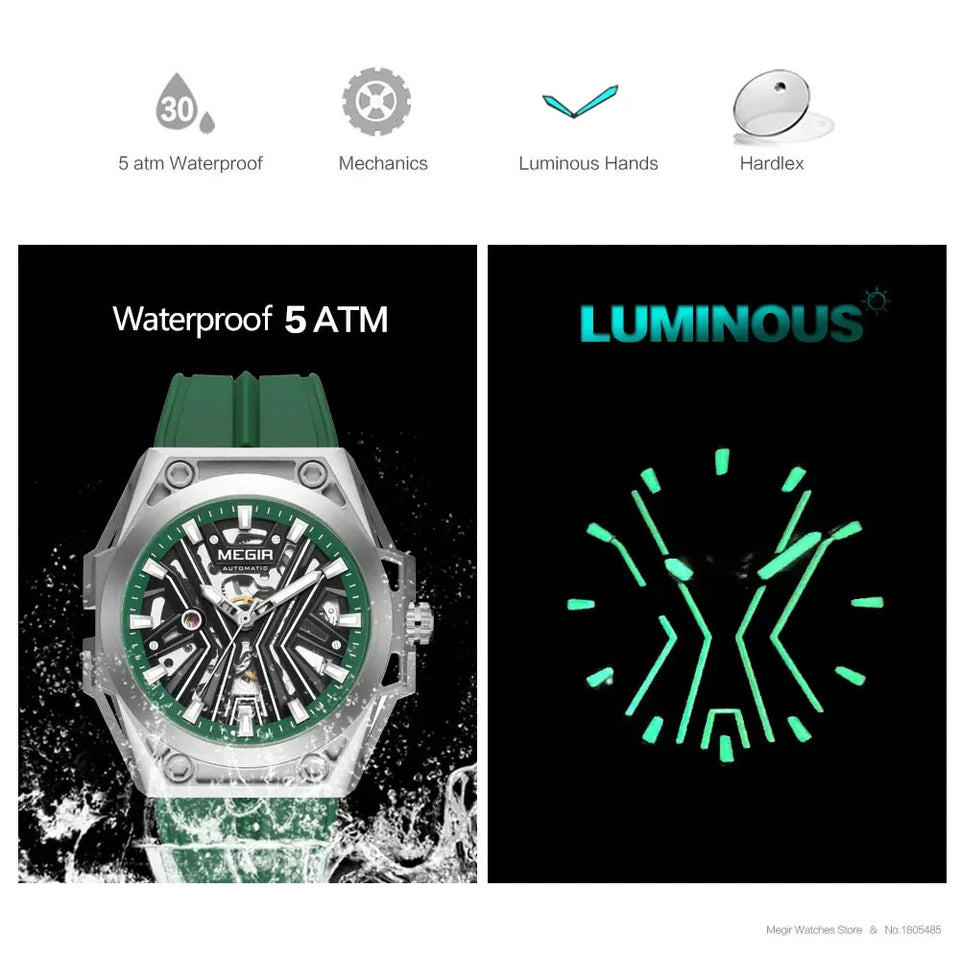 MEGIR 8603 skeleton watch features graphic showing 5 ATM waterproof and luminous hands