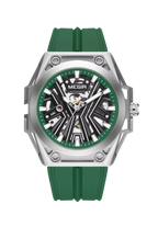 MEGIR 8603 automatic skeleton watch with green dial silver case and green silicone strap front view