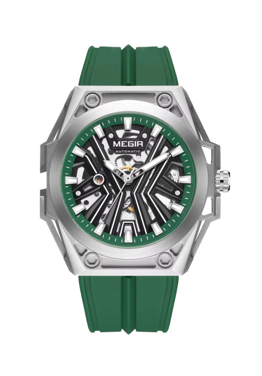 MEGIR 8603 automatic skeleton watch with green dial silver case and green silicone strap front view