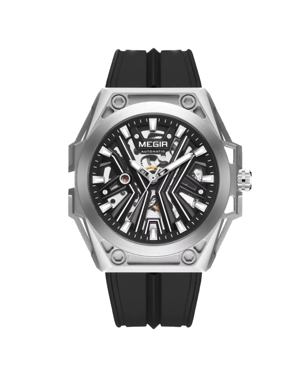 MEGIR 8603 automatic skeleton watch with black dial silver case and black silicone strap front view