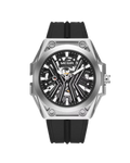 MEGIR 8603 automatic skeleton watch with black dial silver case and black silicone strap front view