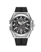 MEGIR 8603 automatic skeleton watch with black dial silver case and black silicone strap front view