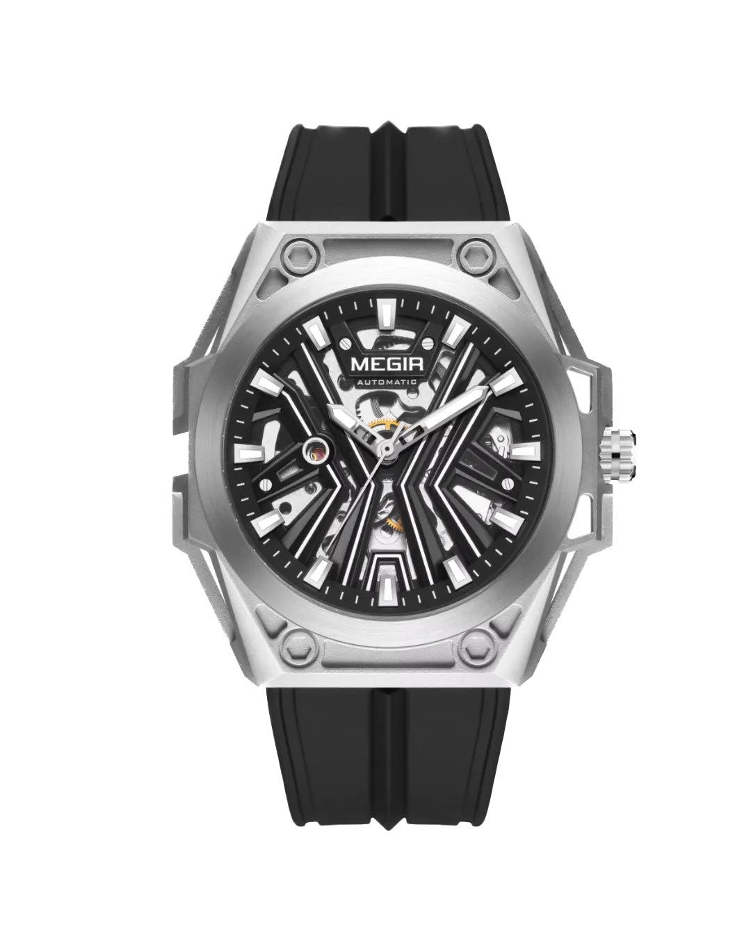 MEGIR 8603 Automatic Watch Skeleton Dial with silver black dial