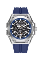 MEGIR 8603 skeleton automatic watch with black dial and blue silicone strap, front view