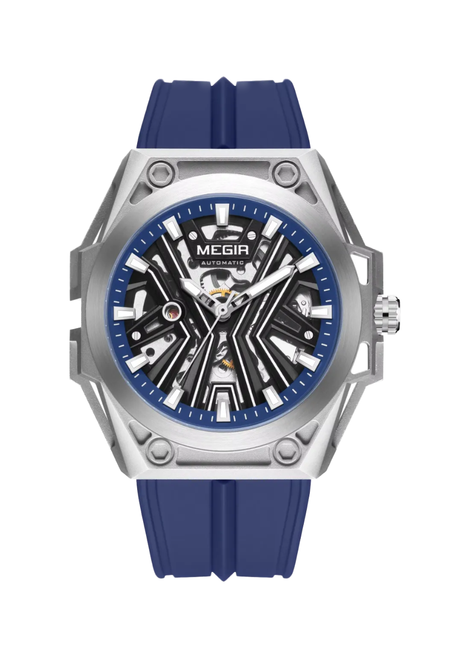 MEGIR 8603 skeleton automatic watch with black dial and blue silicone strap, front view