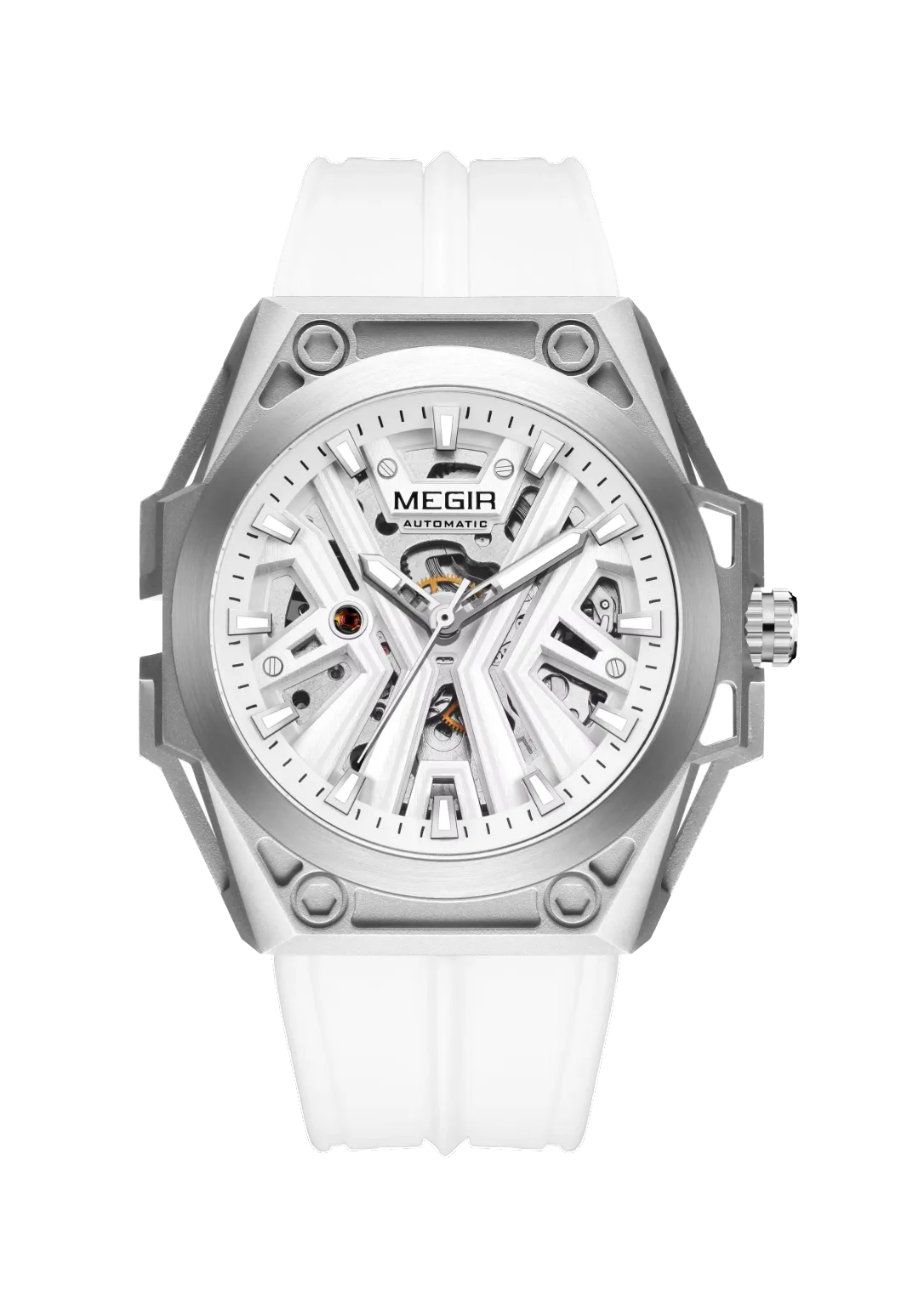 MEGIR 8603 Automatic Watch Skeleton Dial with white dial, detail view