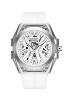 MEGIR 8603 automatic skeleton watch with white dial silver case and white silicone strap front view