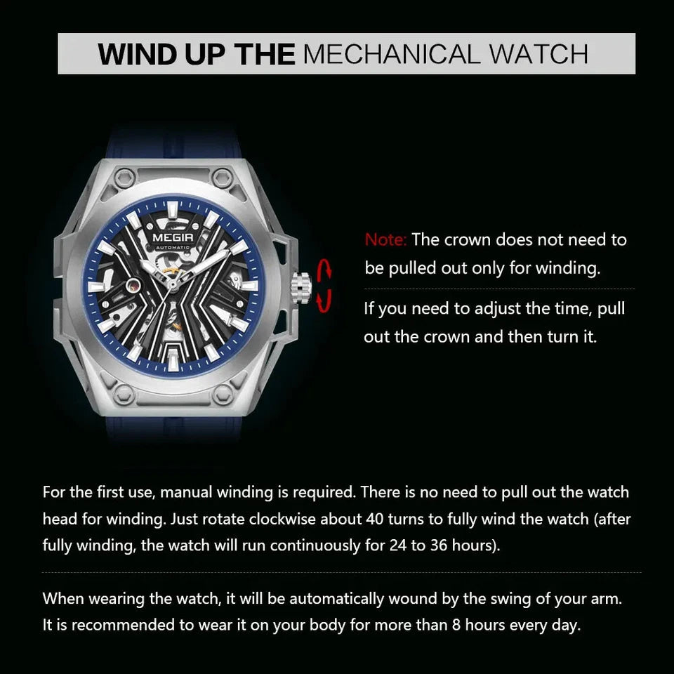 MEGIR 8603 mechanical watch winding instructions with blue strap variant shown