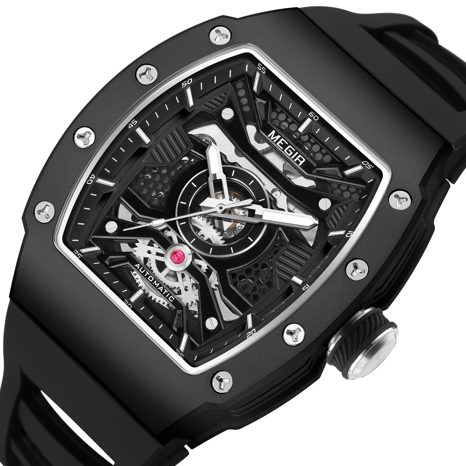 MEGIR 8604 skeleton automatic watch, black case, openwork dial and black silicone strap, angled view