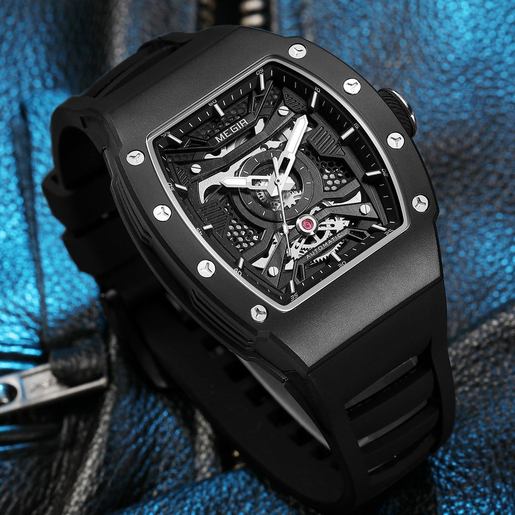 MEGIR 8604 skeleton automatic watch, black case, black bezel and black silicone strap, beauty shot