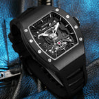 MEGIR 8604 skeleton automatic watch, black case, black bezel and black silicone strap, beauty shot