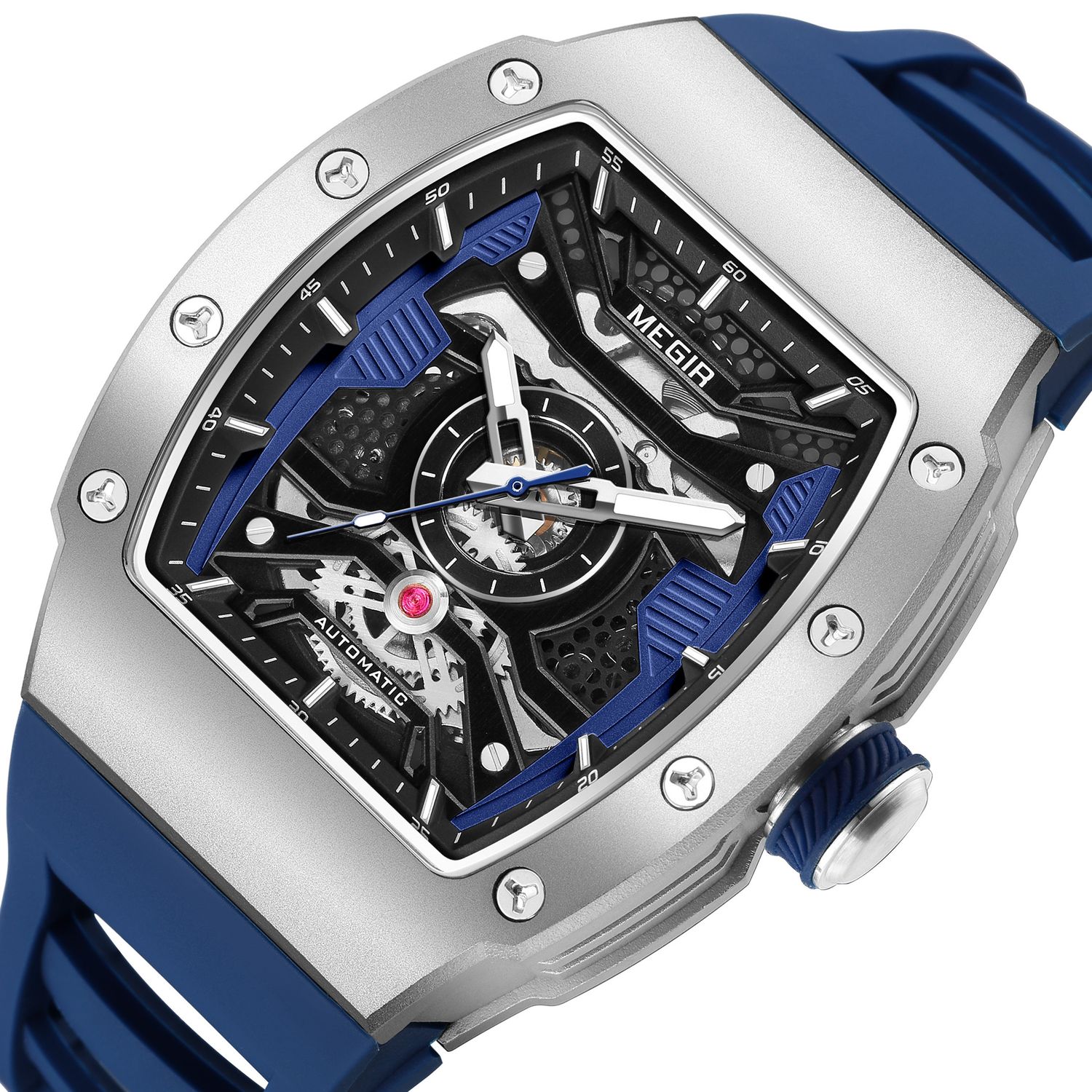 MEGIR 8604 skeleton automatic watch, silver case, blue accents and blue silicone strap, angled view