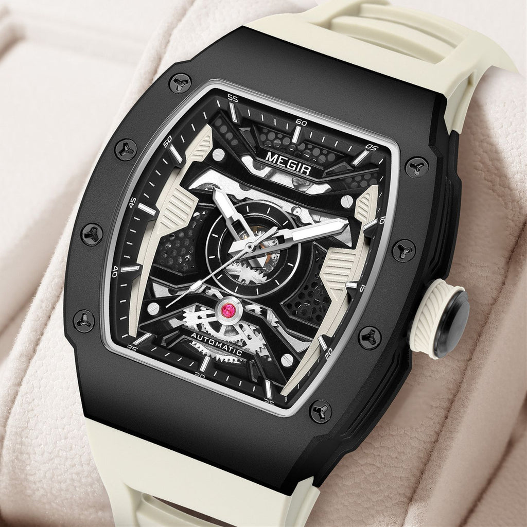 MEGIR 8604 skeleton automatic watch, black case, black bezel and cream silicone strap, beauty shot