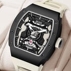 MEGIR 8604 skeleton automatic watch, black case, black bezel and cream silicone strap, beauty shot