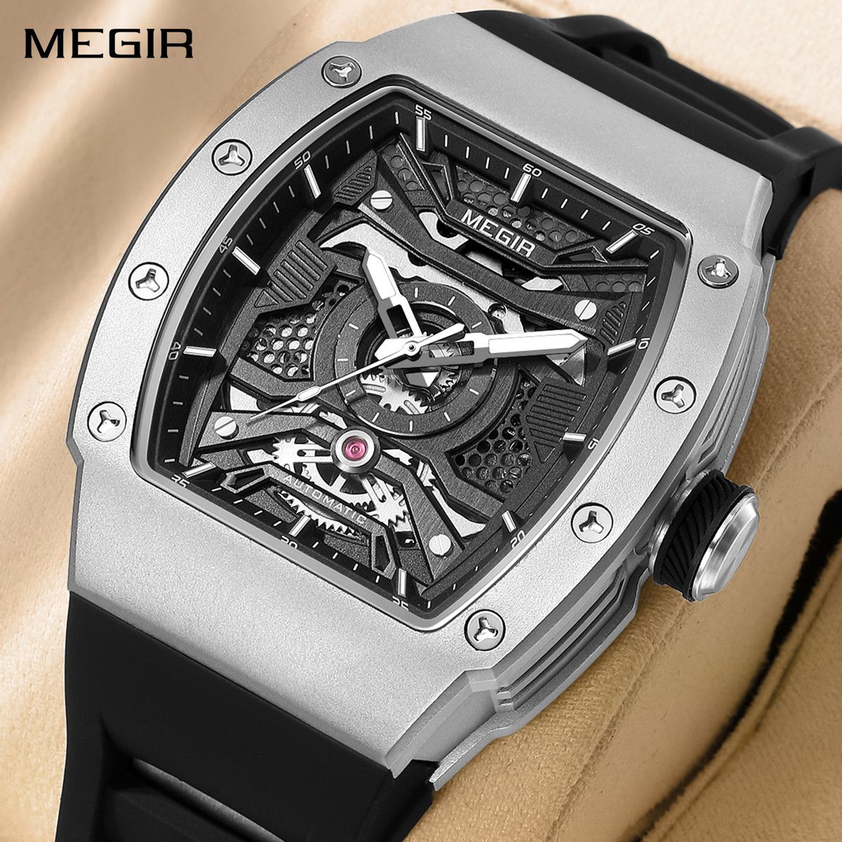 MEGIR 8604 men's skeleton automatic watch, silver case, openwork dial and black silicone strap, front