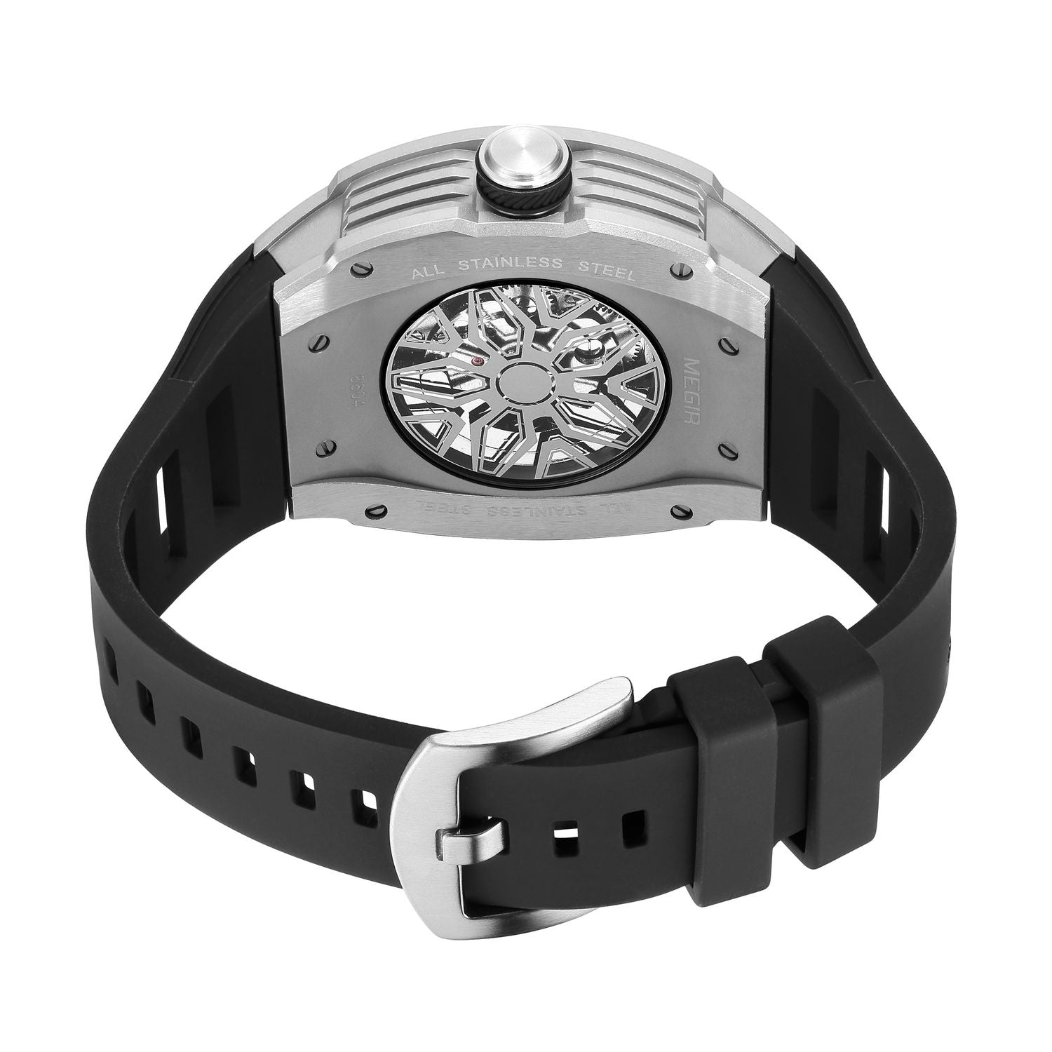 MEGIR 8604 skeleton automatic watch caseback with exhibition window, silver case and black strap