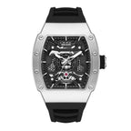 MEGIR 8604 skeleton automatic watch, silver case, openwork dial and black silicone strap, front view