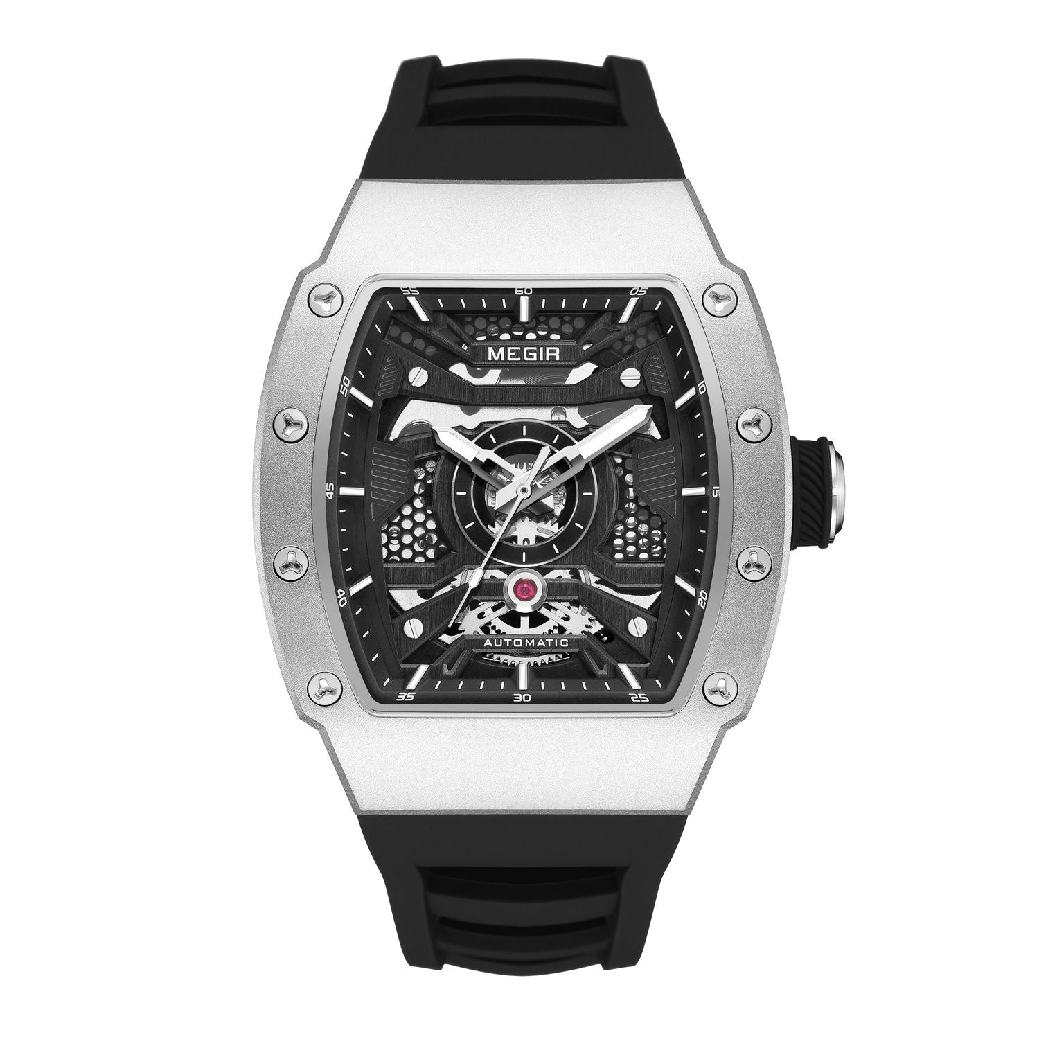 MEGIR 8604 skeleton automatic watch, silver case, openwork dial and black silicone strap, front view