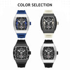 MEGIR 8604 skeleton automatic watch shown in blue, cream, black and silver strap options