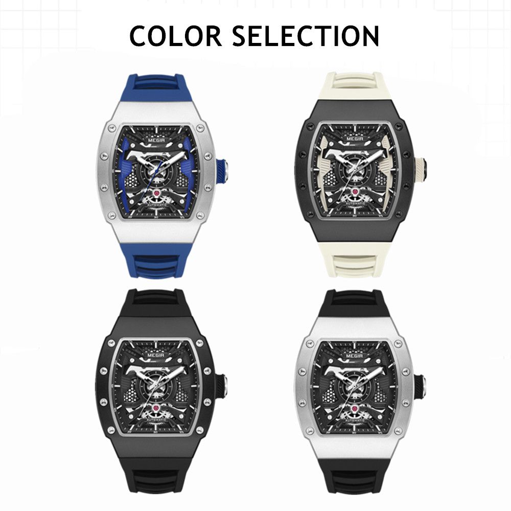 MEGIR 8604 skeleton automatic watch shown in blue, cream, black and silver strap options
