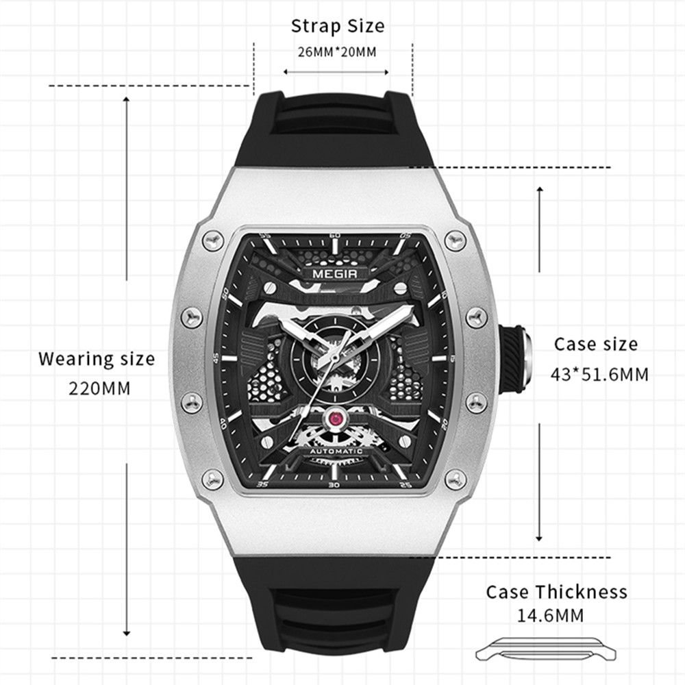 MEGIR 8604 skeleton automatic watch size chart with case and strap measurements, silver model