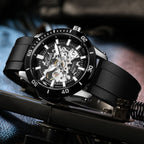 MEGIR 8605 skeleton automatic watch, black case and black strap, styled beauty shot