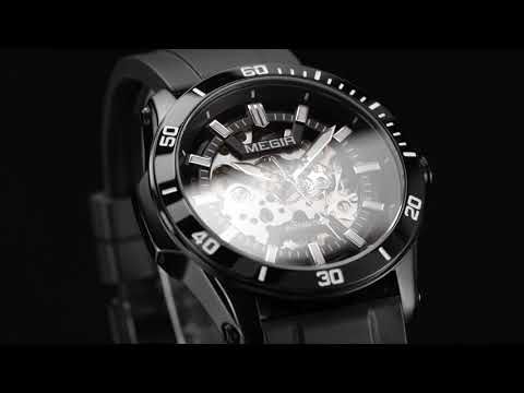MEGIR 8605 skeleton automatic watch, black case, black bezel and black strap, dark beauty shot