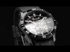 MEGIR 8605 skeleton automatic watch, black case, black bezel and black strap, dark beauty shot