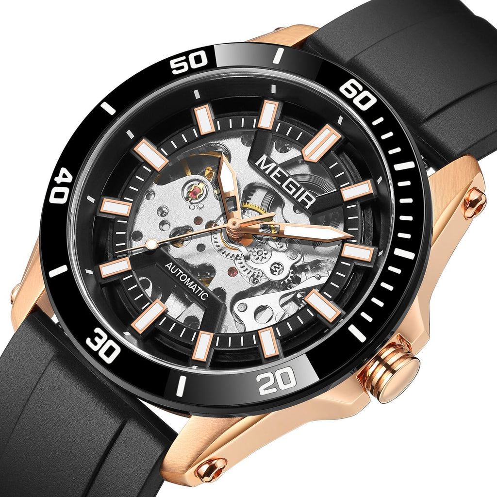 MEGIR 8605 skeleton automatic watch, rose-gold case, black bezel and black strap, side angle view