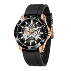 MEGIR 8605 skeleton automatic watch, rose-gold case, black bezel and black strap, angled view