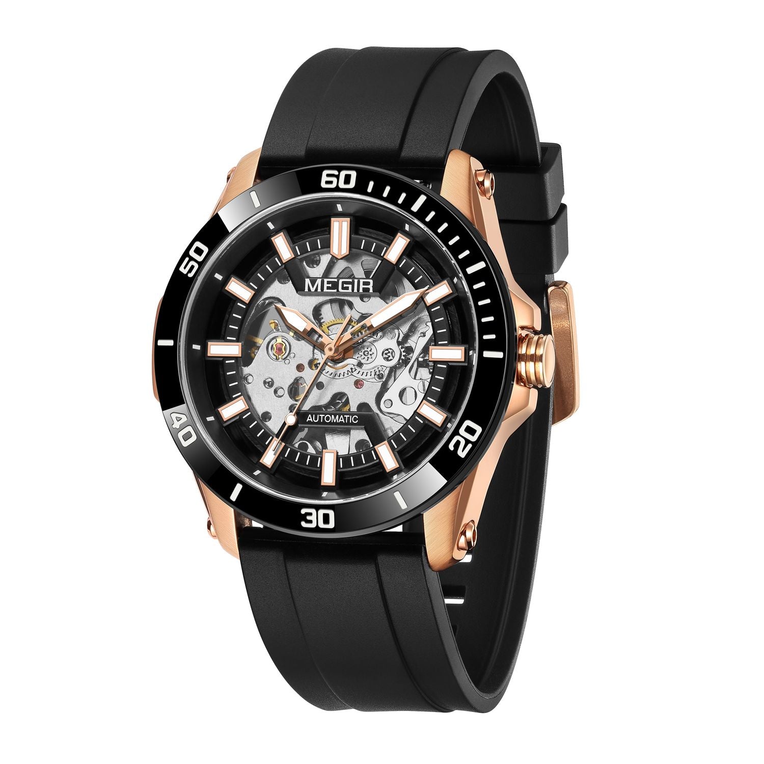MEGIR 8605 skeleton automatic watch, rose-gold case, black bezel and black strap, angled view