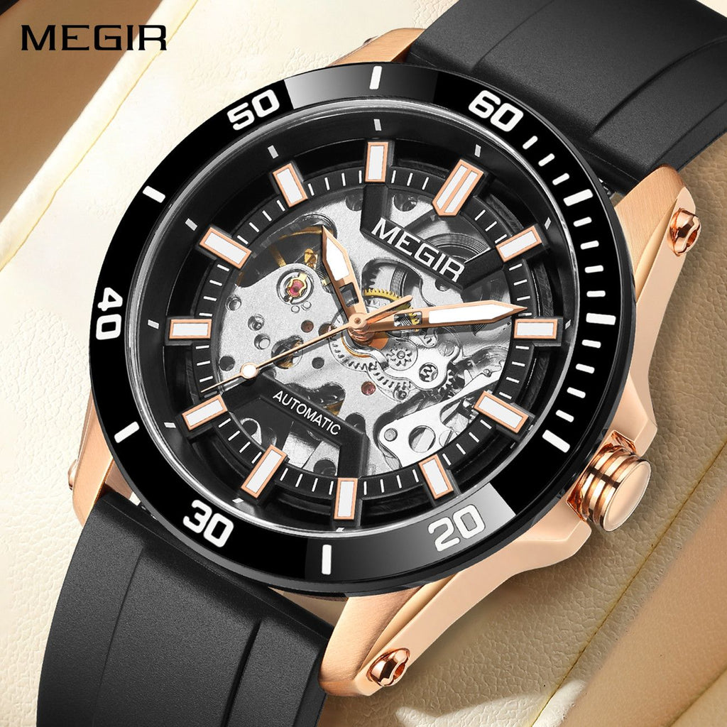MEGIR 8605 men's skeleton automatic watch, rose-gold case, black bezel, openwork dial and black strap, front