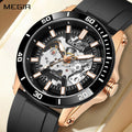 MEGIR 8605 men's skeleton automatic watch, rose-gold case, black bezel, openwork dial and black strap, front