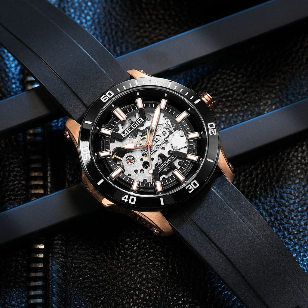 MEGIR 8605 skeleton automatic watch, rose-gold case, black bezel and black strap, beauty shot