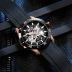 MEGIR 8605 skeleton automatic watch, rose-gold case, black bezel and black strap, beauty shot