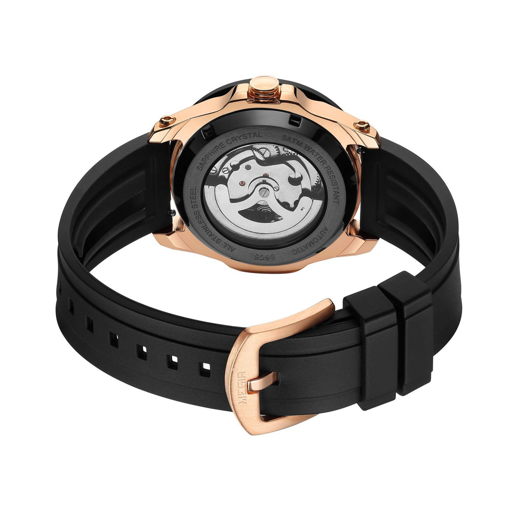 MEGIR 8605 skeleton automatic watch caseback with exhibition window, rose-gold case and black strap