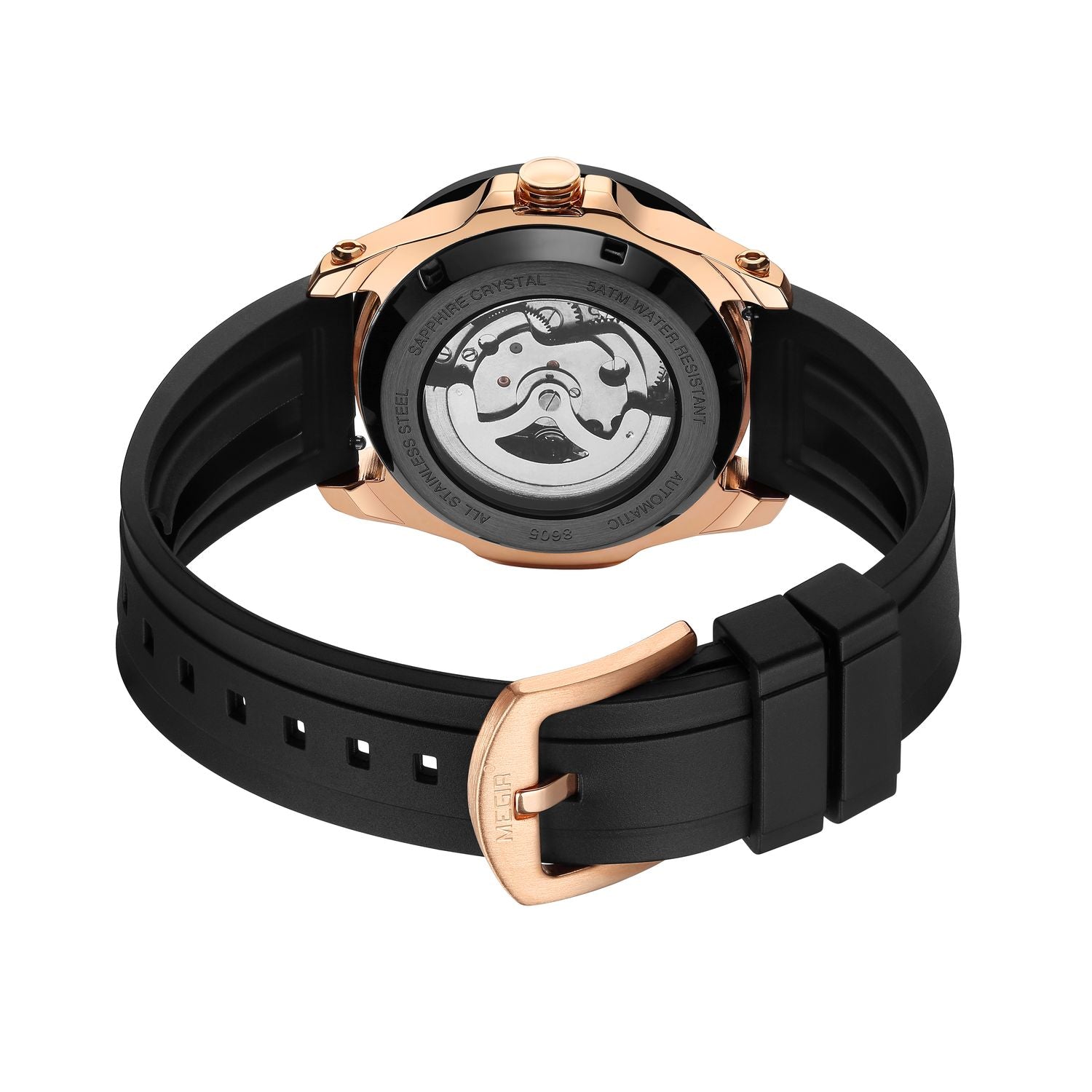MEGIR 8605 skeleton automatic watch caseback with exhibition window, rose-gold case and black strap